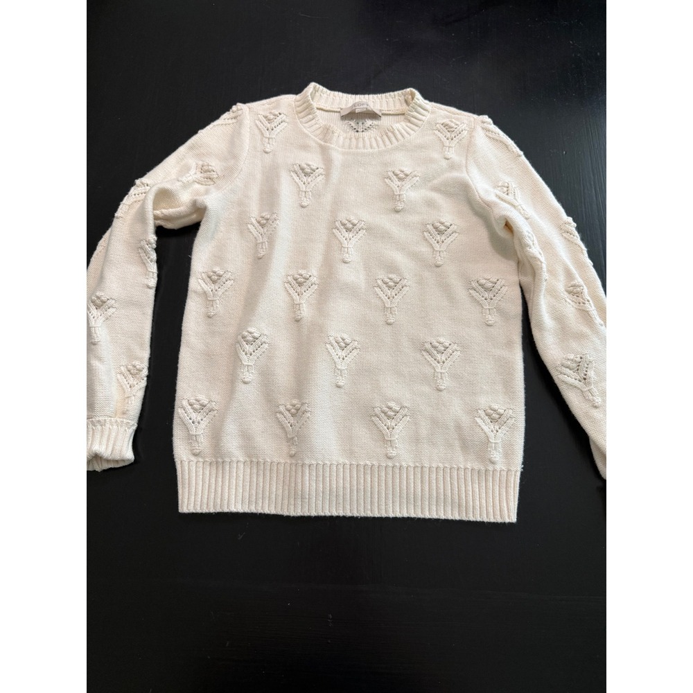 LOFT Womens Cream Textured Bobble Pointelle Knit Crewneck Sweater Ivory Small